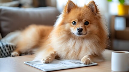 A fluffy pomeranian dog resting on a table with a tablet and a coffee mug near by