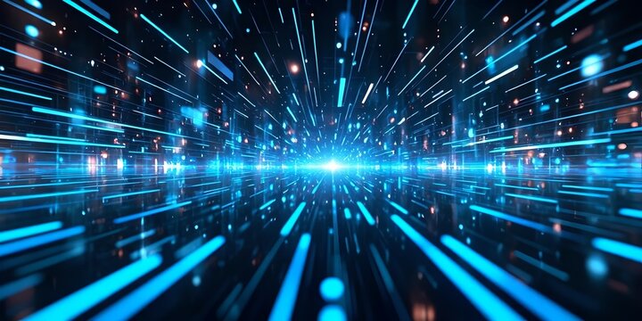 Abstract visual representation of the concept of cybersecurity. The image shows a constant flow of glowing binary code on a dark background, conveying dynamism and digital protection. In the center, a