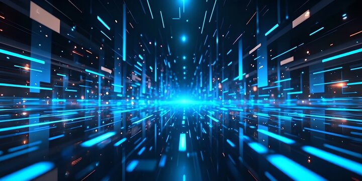 Abstract visual representation of the concept of cybersecurity. The image shows a constant flow of glowing binary code on a dark background, conveying dynamism and digital protection. In the center, a