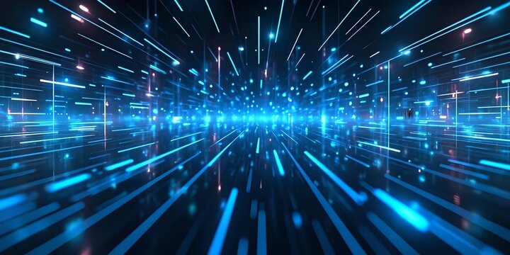 Abstract visual representation of the concept of cybersecurity. The image shows a constant flow of glowing binary code on a dark background, conveying dynamism and digital protection. In the center, a