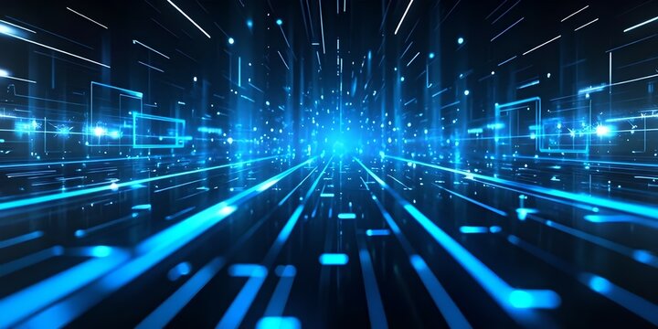 Abstract visual representation of the concept of cybersecurity. The image shows a constant flow of glowing binary code on a dark background, conveying dynamism and digital protection. In the center, a