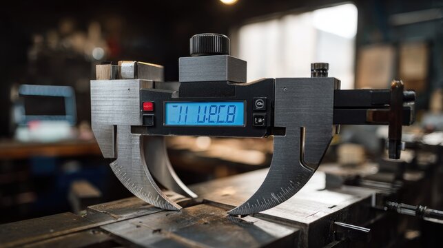 Digital caliper measuring gemstone diameter during quality control in workshop