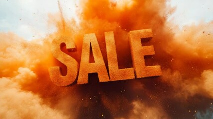Explosive orange powder blast forming the word 'sale' in dynamic typography
