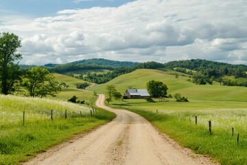 Dirt trail in green agricultural hills