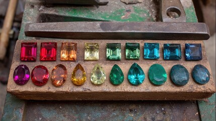 Naklejka premium Heat-treated gemstones displayed next to raw stones for visual comparison in workshop