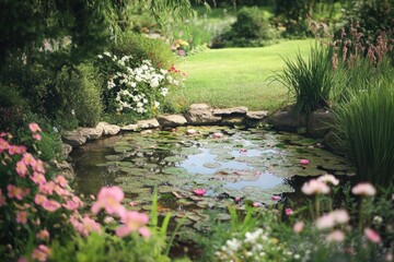 Reflective water pond under green canopy