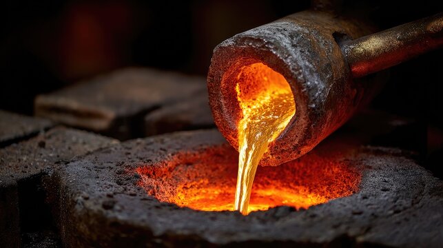 Heated crucible filled with molten gold being poured into casting flask