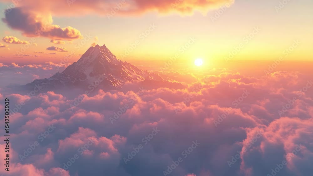 Poster sunrise over a mountain peak with pink clouds in a serene atmospheric scene
