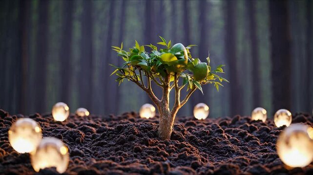 Time-lapse of small tree growing in fertile soil with glowing orbs and forest background, symbolic nature growth scene for sustainability, environment, and life visuals