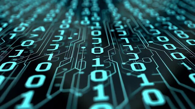 Digital Code: Close-up shot of a computer circuit board displaying the binary code. The interconnected lines and numbers evoke a sense of technology.