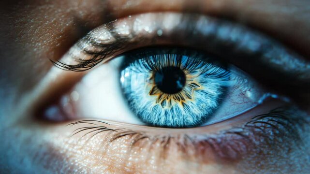 Close-up of a blue eye with intricate iris patterns and long eyelashes