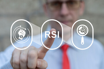 Business person using virtual touch screen presses the acronym: RSI. RSI Relative Strength Index Financial Economic Business Concept.