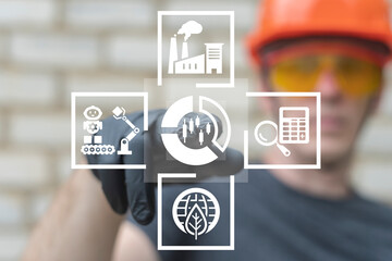 Engineer using virtual touch screen push icon: diagram with candle sticks. Finance and Industry Analysis concept. Indusrtrial Financial Planning Business Investment.