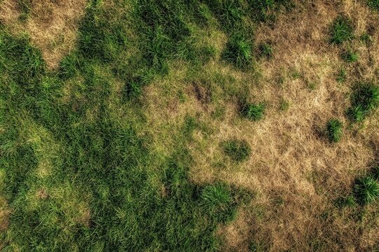 Fototapeta Aerial view of dead grass showcasing a damaged field with green and brown patches reflecting poor lawn care and pest issues
