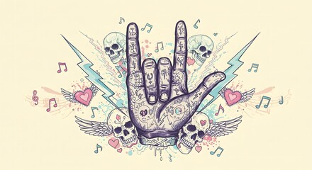 Obraz premium Rock Day Illustration – Stylized Rock Hand Symbol with Artistic Skulls, Lightning Bolts, and Wings Representing the Energy, Rebellion, and Iconic Spirit of Rock Music