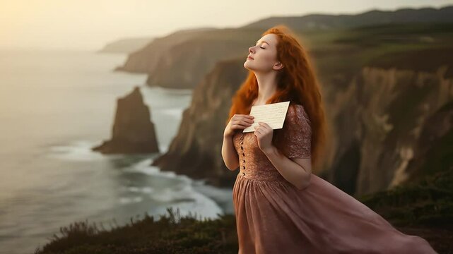 Red-Haired Woman Reading at Cliffside Scenic Ocean View