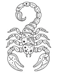 Scorpio Zodiac Sign Scorpion with Moon and Stars Line Art Design
