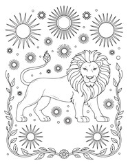 Leo Zodiac Sign Lion with Stars, Sun, and Cosmic Motif Line Art Drawing