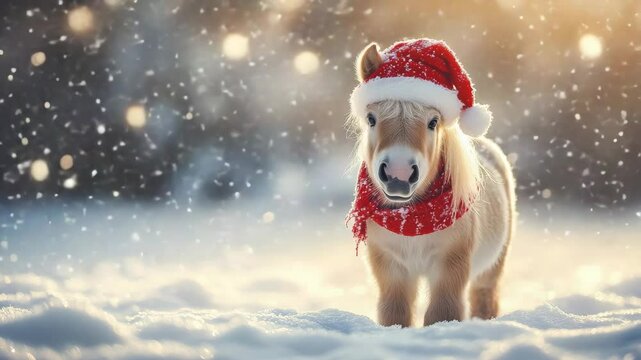Festive pony wearing a Santa hat and scarf in a snowy winter wonderland