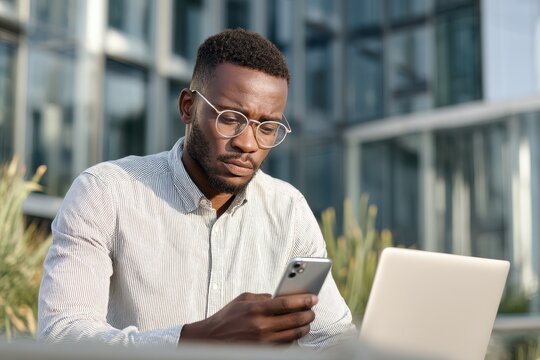 An African American man finds troubling news on his phone while a businessman in a shirt uses a laptop in a modern office another man in glasses reads an email