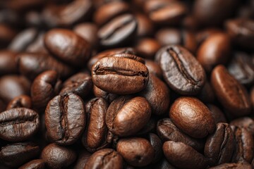 Fototapeta premium Detailed view of roasted coffee beans creating a textured backdrop ideal for coffee related themes and food beverage concepts