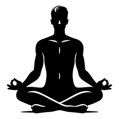 A black and white silhouette of a man sitting in the lotus position during meditation on a white isolated background. Vector graphics. EPS.