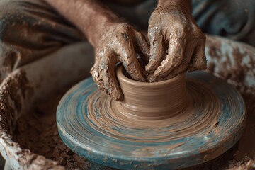 Ceramic wheel Soiled hands shaping clay and the wheel with the creation Trending shade PANTONE 17 1230 Mocha Mousse for 2025