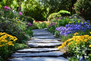Stepping stones in floral backyard garden