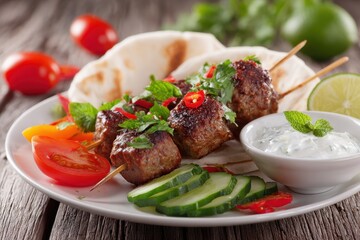 Skewered homemade kofta kebabs served with pita lime veggies sweet chili and yogurt on a white dish