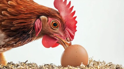 Brown hen pecking at egg on straw in bright setting, conceptual question theme