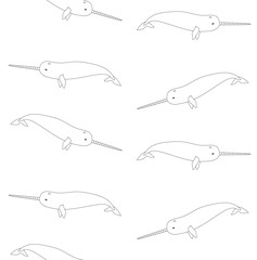Vector seamless pattern of flat hand drawn outline narwhal isolated on white background © Sweta