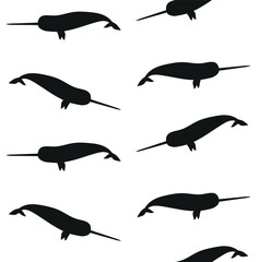 Vector seamless pattern of flat hand drawn narwhal silhouette isolated on white background © Sweta