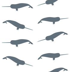 Vector seamless pattern of flat hand drawn narwhal isolated on white background © Sweta