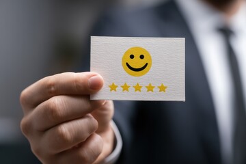 Customer satisfaction idea content businessman with a card featuring a smiley and five stars