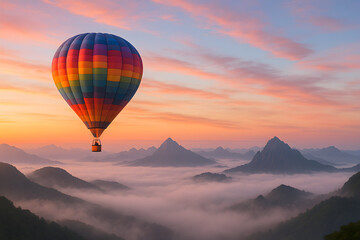 Hot Air Balloon Adventure Over Scenic Mountain Sunrise