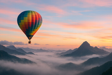 Fototapeta premium Hot Air Balloon Adventure Over Scenic Mountain Range