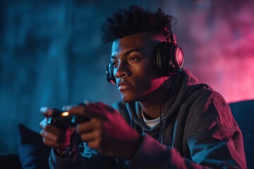 African American youth with headphones and a game controller