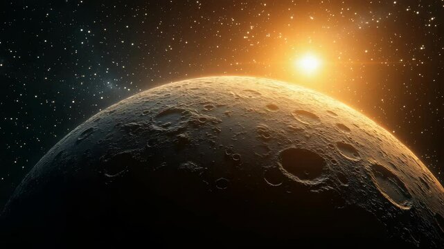 Moon surface with craters under a starry sky at sunrise, digital illustration