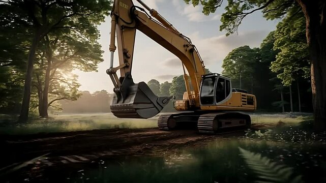 Skidder moving logs in a lush green forest on a hot and sunny afternoon