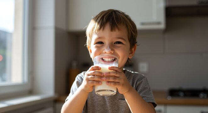 Smiling boy grey shirt holding milk glass kitchen counter. Nutritious beverage healthy childhood lifestyle. Calcium dairy wellness concept