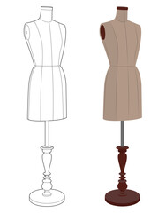 Set of two vintage female dress forms:  elegant line art style, and realistic vector design. Tailor mannequins for sewing and fashion, isolated on white background.