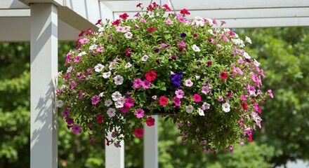 Naklejka premium Colorful petunias hanging basket white porch outdoor summer garden display. Vibrant flowers cascading arrangement home decoration. Seasonal gardening concept
