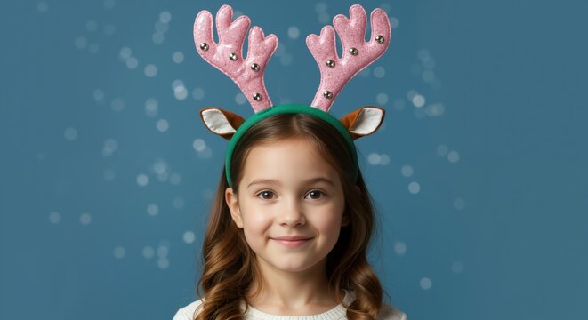 Happy girl pink reindeer antlers headband white sweater blue background snowflakes. Christmas holiday celebration festive portrait. Winter season concept