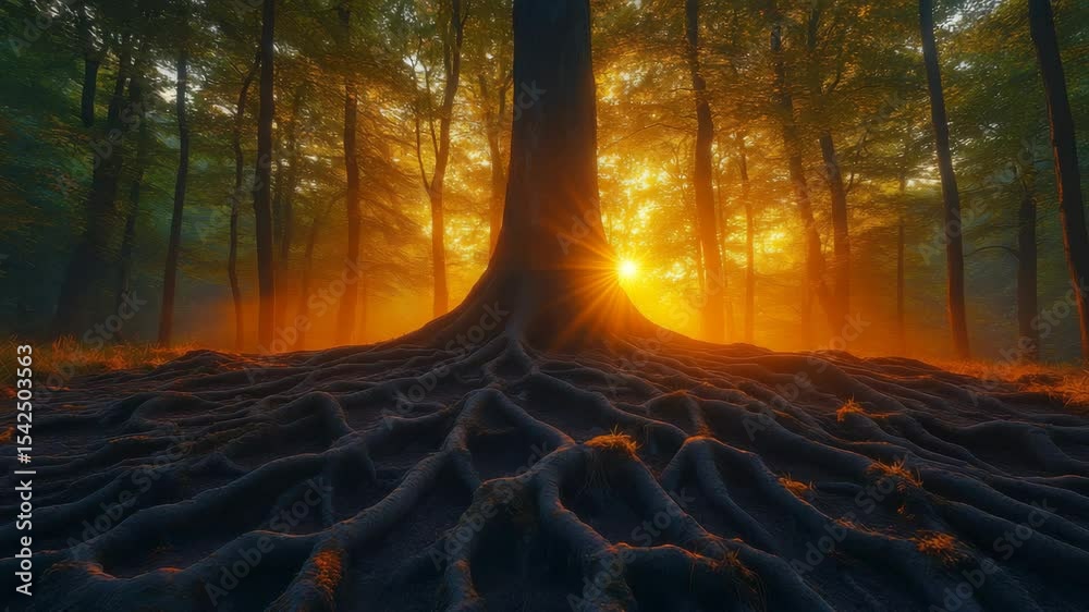 Poster sunset through trees with glowing roots in a mystical forest, digital artwork