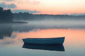 Forest lake with docked wooden boat