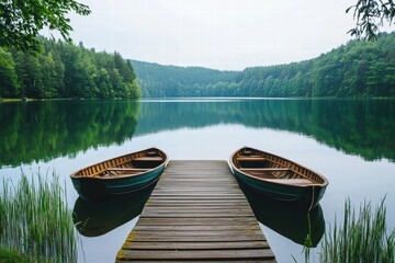 Pair of canoes on still lake with green shore