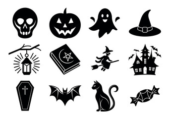 Halloween Silhouette Icon Set – Witches, Ghosts, Haunted House, and Spooky Symbols