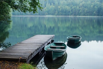 Obraz premium Three boats moored by wooden pier