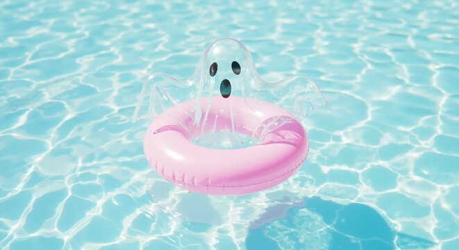 Pink ghost inflatable pool float turquoise water swimming summer. Spooky cute pool toy recreation water activity. Halloween pool concept - Powered by Adobe