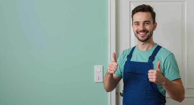 Happy contractor blue overalls thumbs up green wall switch outlet. Professional electrician installation service satisfaction success. Home improvement concept - Powered by Adobe